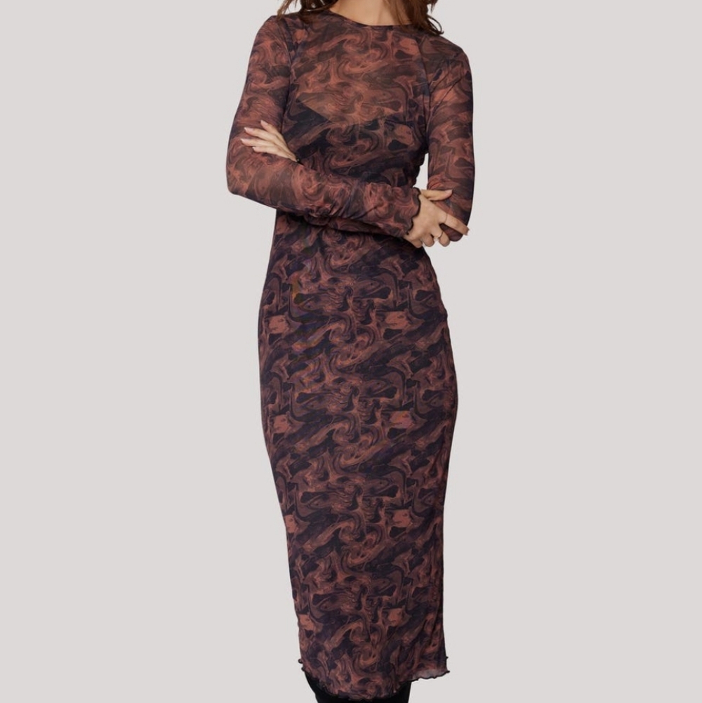 Lost + Wander Contessa Long Sleeve Mesh Midi Dress MSRP $118